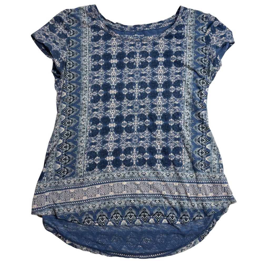 Lucky Brand Medallion Print Top Women Blue Excellent Boho High Low Tee Size Med